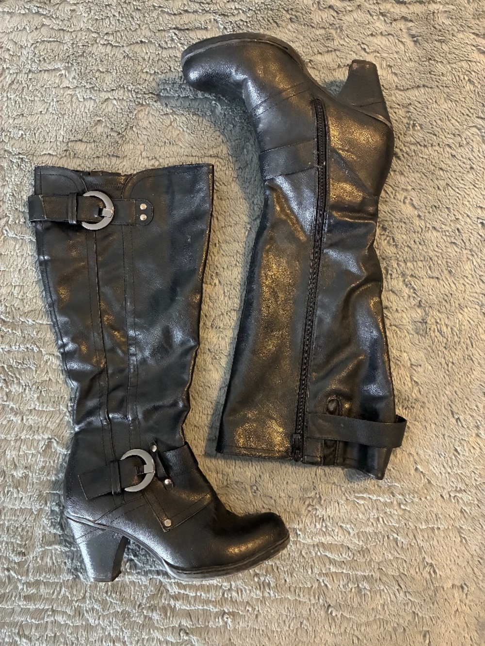Black Mid-Calf Heeled Buckle Fall Riding Boots - Women's